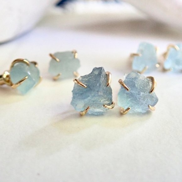 BUNDLE GENUINE AQUAMARINE Stud Earrings & Aquamarine Bracelet non-tarnish Gold - Picture 2 of 15
